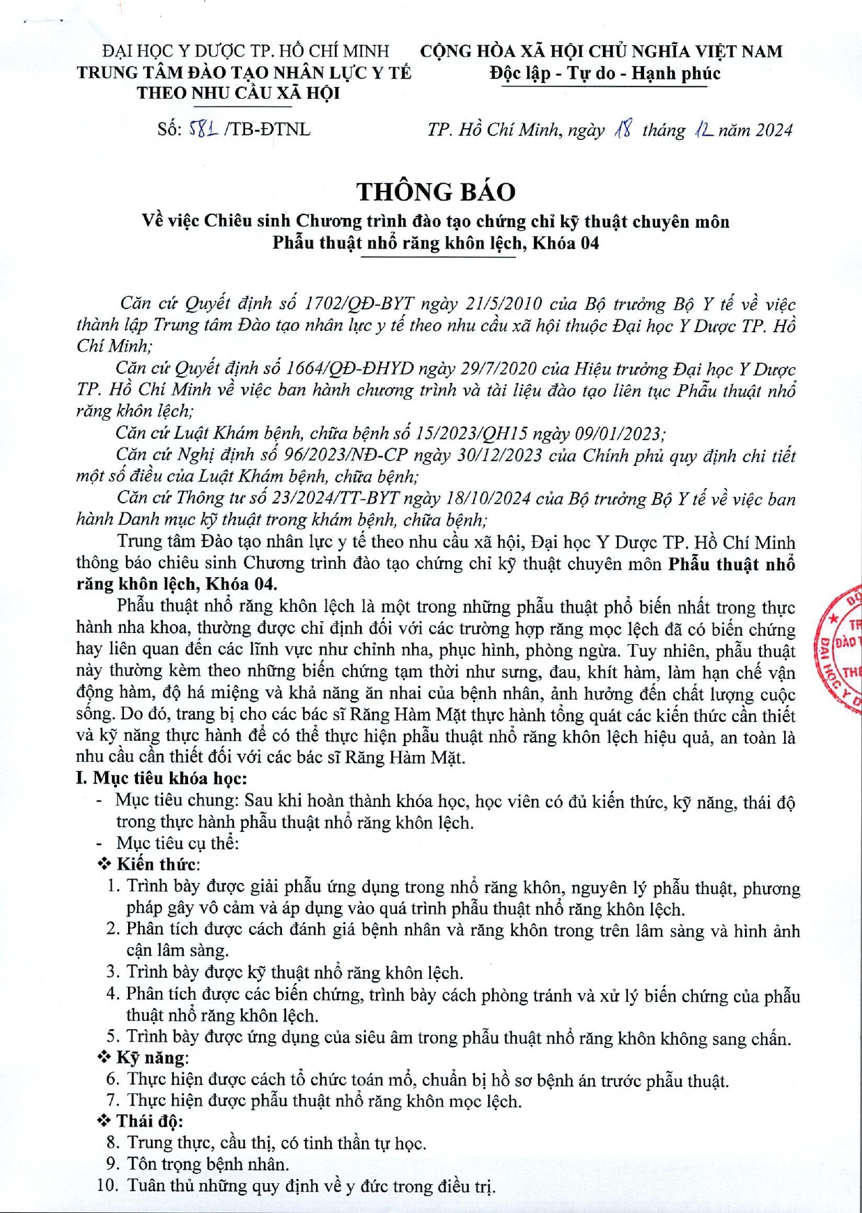 Chiêu sinh Chương trình đào tạo chứng chỉ kỹ thuật chuyên môn Phẫu thuật nhổ răng khôn lệch, Khóa 04 - DHYD