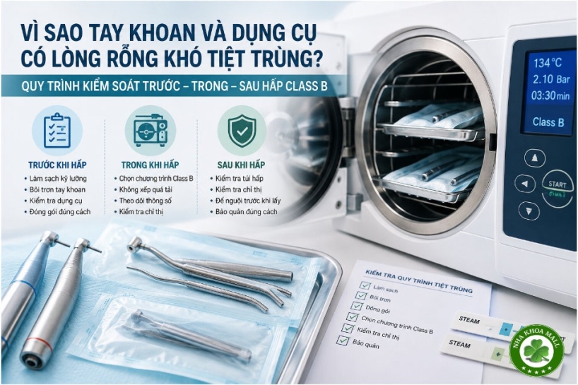 Vì sao tay khoan và dụng cụ có lòng rỗng khó tiệt trùng ?